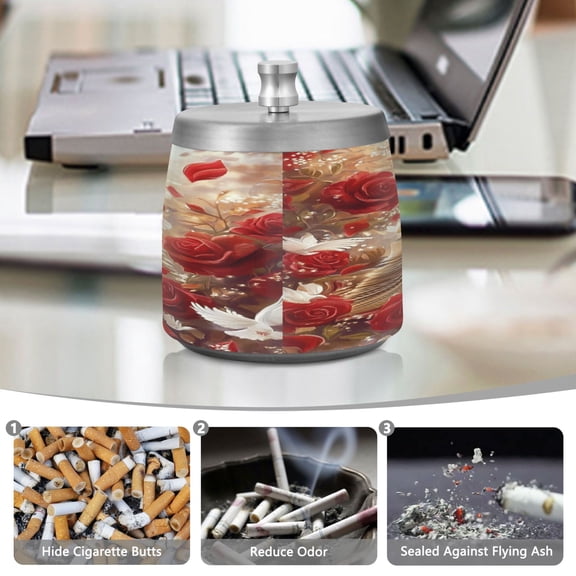 YAZAOO Ashtray for Cigarettes Stainless Creativity White Doves Red Roses Pattern Steel Smokeless Ashtrays