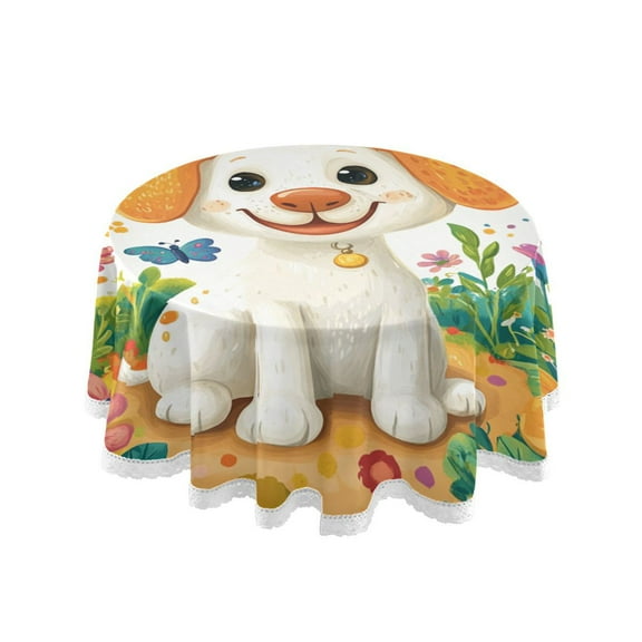 YAZAOO Round Tablecloth Cute Dog Play in Garden Pattern Tableclothes