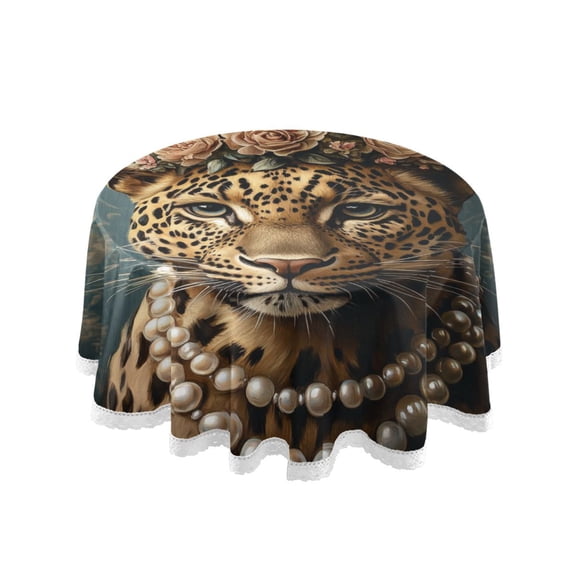 YAZAOO Round Tablecloth Leopard with Floral Crown Pearls Pattern Tableclothes