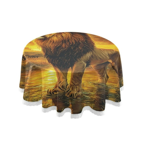 YAZAOO Round Tablecloth Lion in Savannah at Sunset Pattern Tableclothes