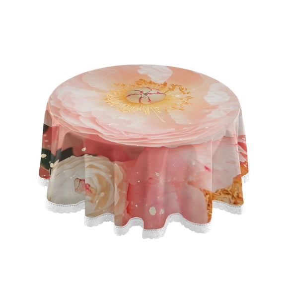YAZAOO Round Tablecloth Pink and White Peonies Sparkles Pattern Tableclothes