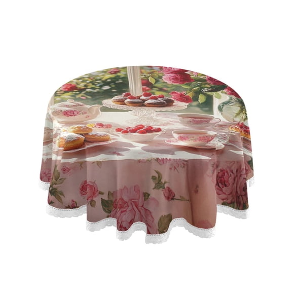 YAZAOO Round Tablecloth Tea Set with Cakes Roses Pattern Tableclothes