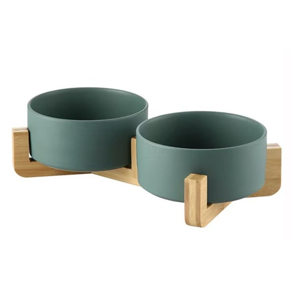 KUNWU Ceramic Feeding & Watering Bowls for Cats and Dogs, Ultra Stable with Wooden Frame Supported, 395ml - 5 inch x 2 Pieces Extra Large Size (Green with Wood Frame)