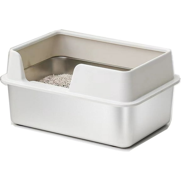 KUNWU Stainless Steel Cat Litter Box 20"x 14"x 8" with Enclosure Lid, Easy Clean, Never Absorbs Odor, Semi-closed Cat Litter Box with Scoop, Anti Flash White