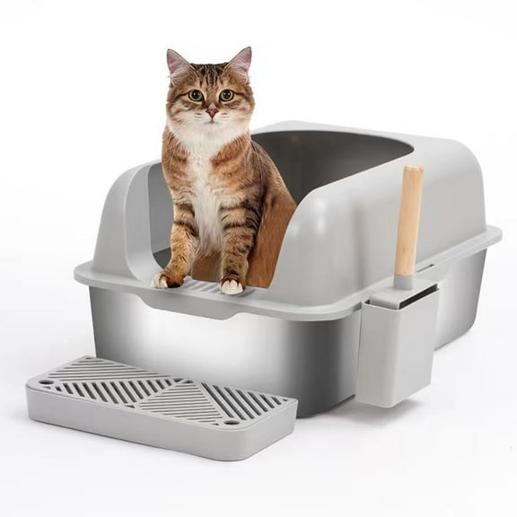 KUNWU Stainless Steel Semi-Closed Cat Litter Box 24" x 16" x 12" with Enclosure Lid, Scoop and Step, Easy Clean, Never Absorbs Odor (Anti Flash White - Rounded)