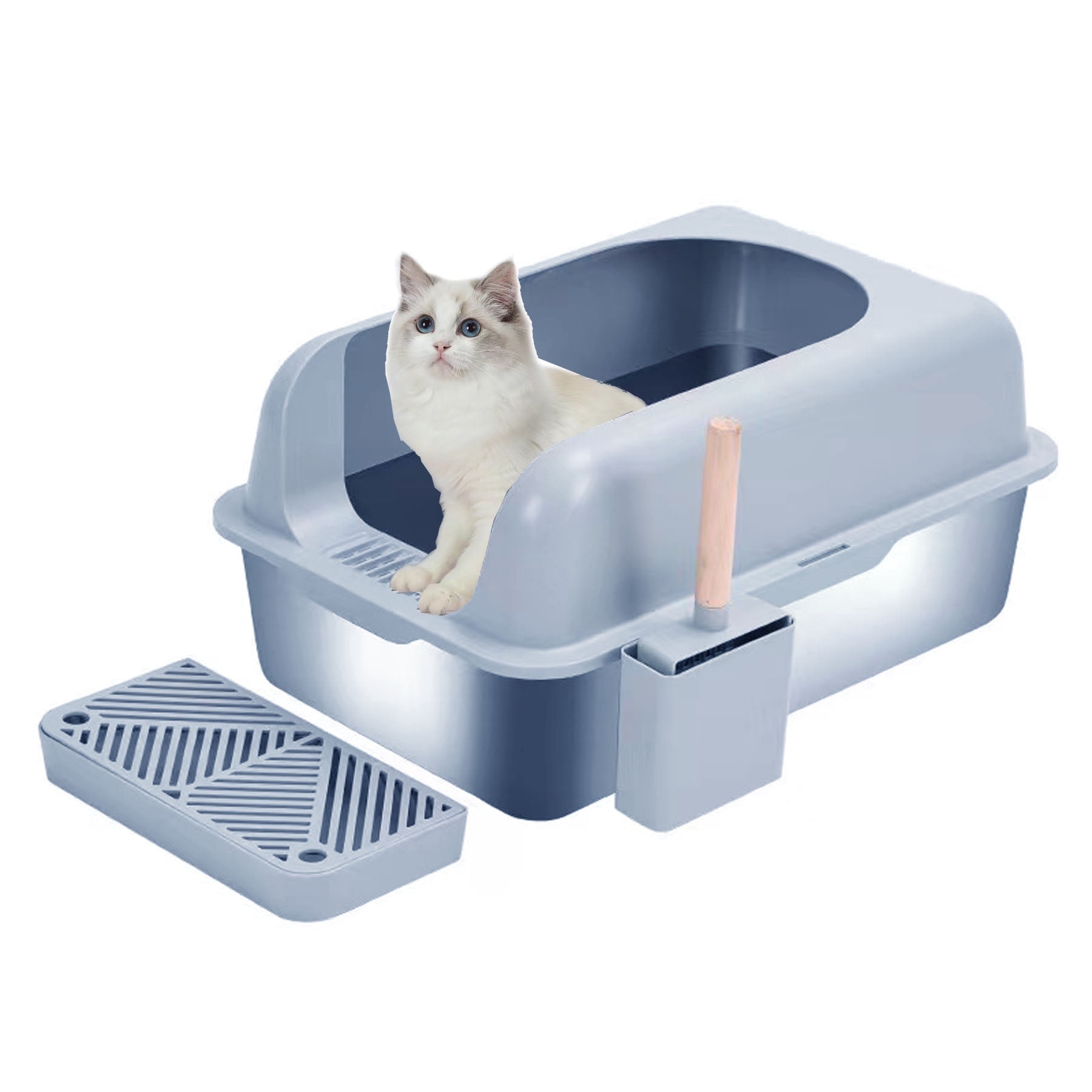 Light Blue Stainless Steel Covered Cat Litter Box with Lid, Scoop and Step