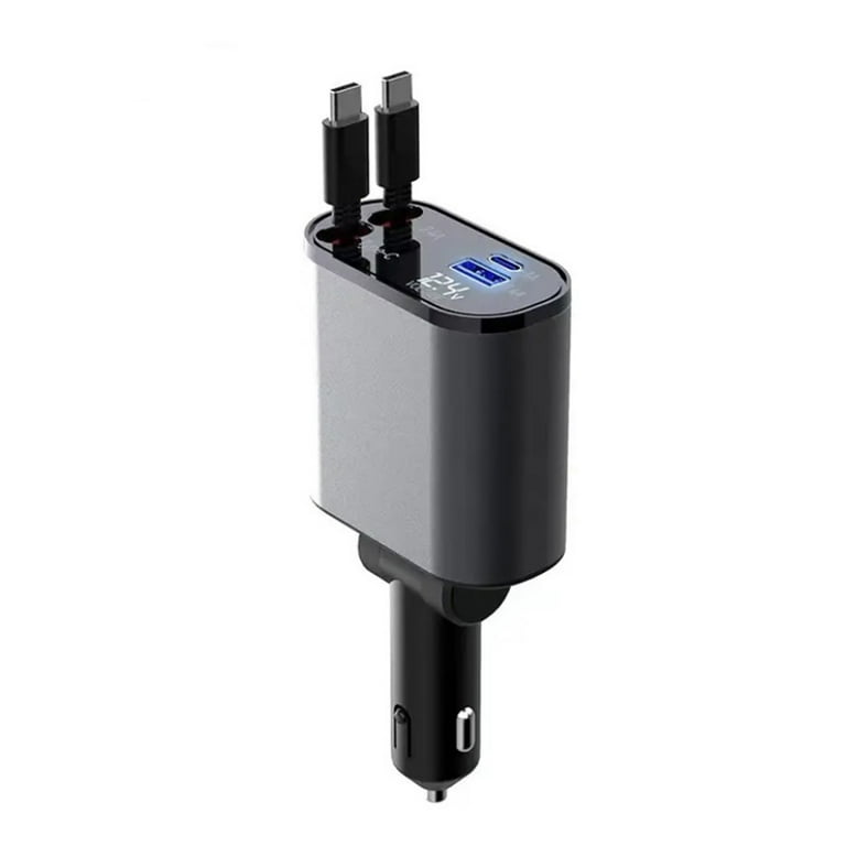 KUNyu Car Charger with Dual Retractable Cable Type C 8 Pin USB 3A 2.4A Voltage Digital Display Universal 100W High Power Fast Charge Automotive