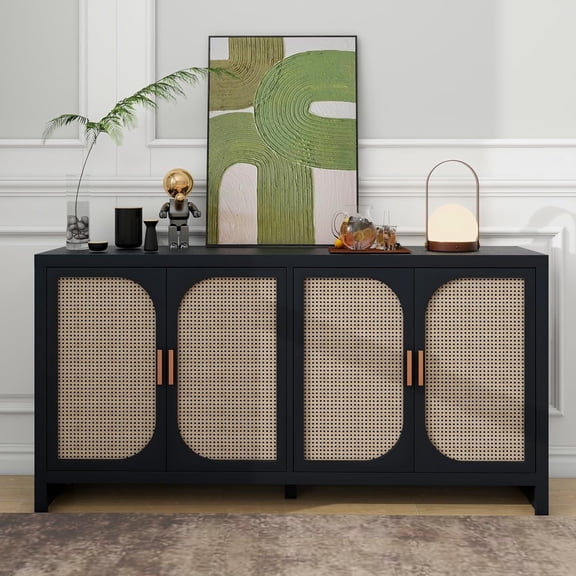 KUOESYN Rattan Sideboard Buffet Cabinet with Storage, Wooden Cabinet with 4 Doors Adjustable Shelves for Living Room, Kitchen, Dining Room, Entryway