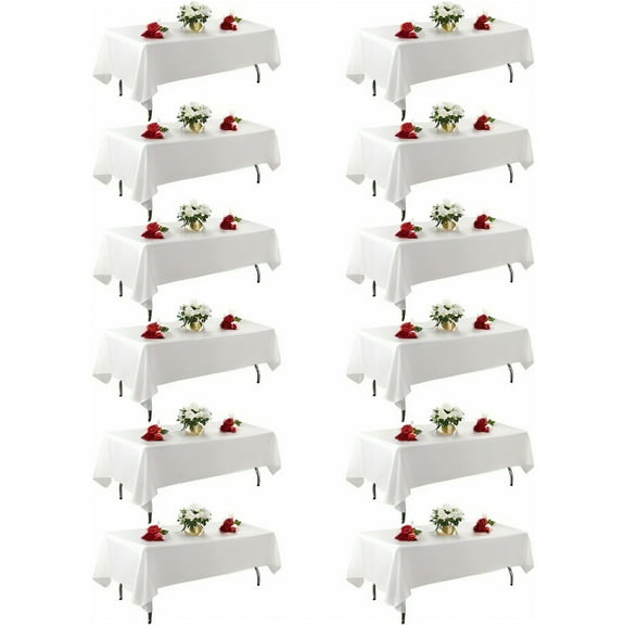 KUOGO 12 Pack 60 x 102 Inch White Tablecloth Polyester Table Cloth for 6 Foot Rectangle Tables, Wrinkle Resistant Washable Decorative Fabric Table Covers for Wedding Party Banquet Buffet and Camping