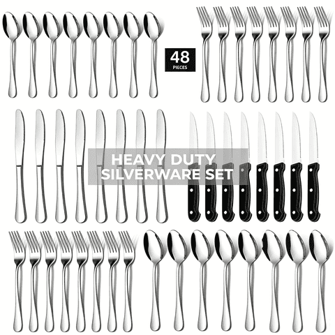 KUOSE 48-Piece Stainless Steel Silverware Set for 8 – Dishwasher Safe, Mirror Polished Forks, Knives, Spoons