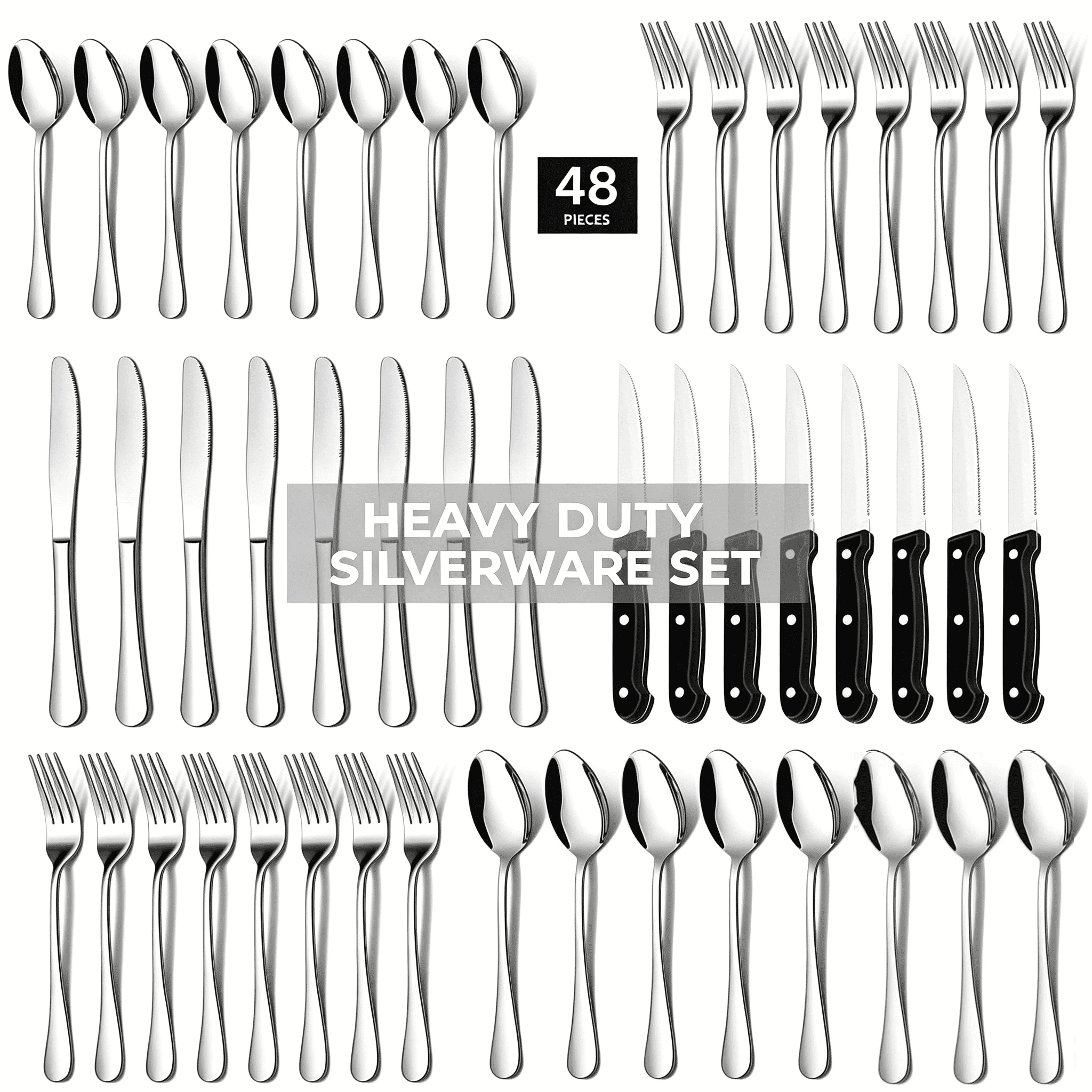 KUOSE 48-Piece Stainless Steel Silverware Set for 8 – Dishwasher Safe, Mirror Polished Forks, Knives, Spoons
