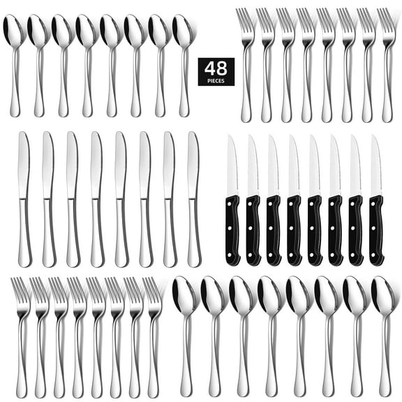 KUOSE 48-Piece Stainless Steel Silverware Set for 8 – Dishwasher Safe, Mirror Polished Forks, Knives, Spoons