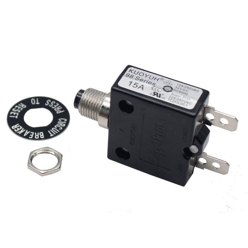 KUOYUH 15 Amp 125/250VAC 32/50VDC 98 Series Push-To-Reset Thermal Overload Protector Circuit Breaker