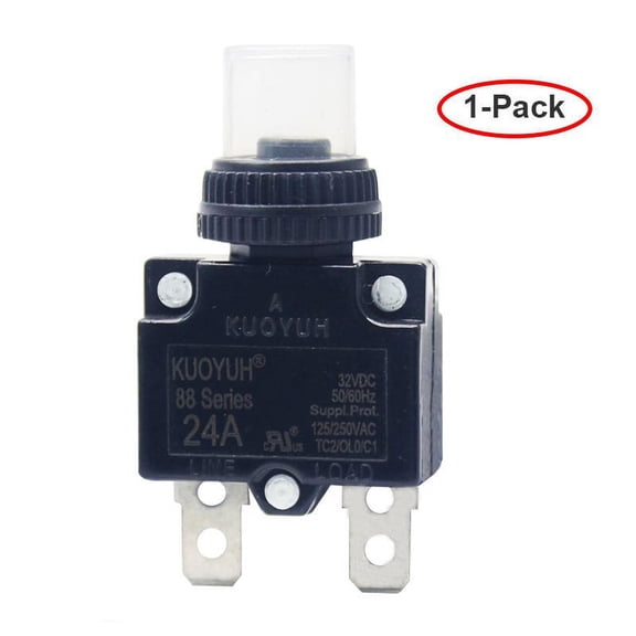 KUOYUH 24 Amp 88 Series Quick Connect Terminals Push-To-Reset Thermal Circuit Breaker with Transparent Waterproof Dust Button Cover – 1 Pack