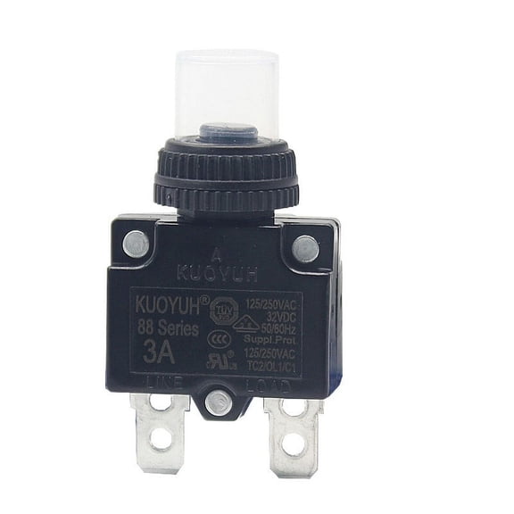 KUOYUH 3 Amp 125/250VAC 32/50VDC 88 Series Push-To-Reset Thermal Overload Protector Circuit Breaker