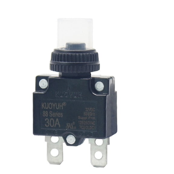 KUOYUH 30 Amp 88 Series Quick Connect Terminals Push-To-Reset Thermal Circuit Breaker with Transparent Waterproof Dust Button Cover