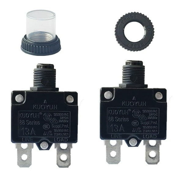 KUOYUH Circuit Breaker Thermal Overload 88 Series 13A Quick Connect Terminals 32VDC 125/250VAC 50/60Hz Push-to-Reset with Waterproof Transparent Dust Cover 2-Pack (13A)