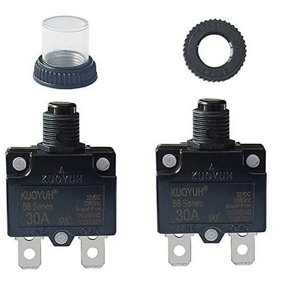 KUOYUH Circuit Breaker Thermal Overload 88 Series 18-30A Quick Connect Terminals 32VDC 125/250VAC 50/60Hz Push-to-Reset with Waterproof Transparent Dust Cover 2-Pack (30A)