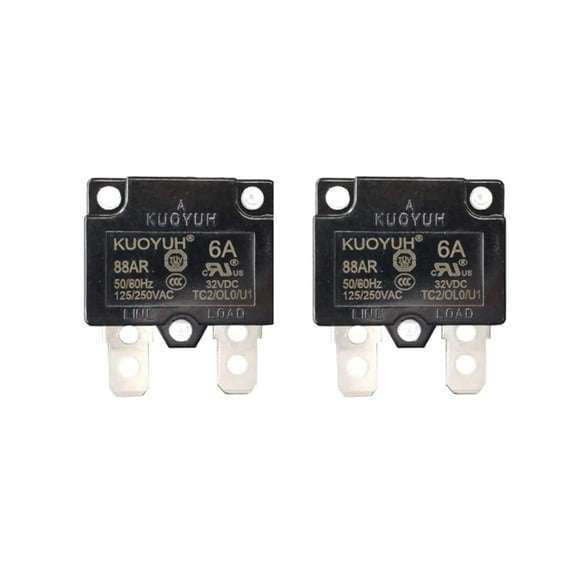 KUOYUH Circuit Breaker Thermal Overload 88 Series 3-30A Quick Connect Terminals 32VDC 125/250VAC 50/60Hz Auto-Reset 2-Pack (6A)