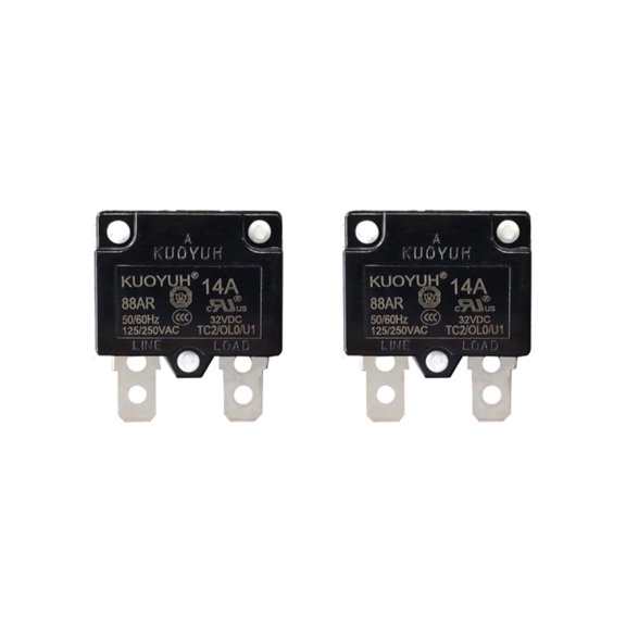 KUOYUH Circuit Breaker Thermal Overload 88AR Series 3-30A Quick Connect Terminals 32VDC 125/250VAC 50/60Hz Auto-Reset 2-Pack (14A)