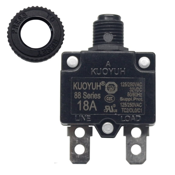 Genuine KUOYUH (18 Amp) 88 Series Quick Connect Terminals Push-To-Reset Thermal Circuit Breaker 125/250VAC 32VDC (18A)