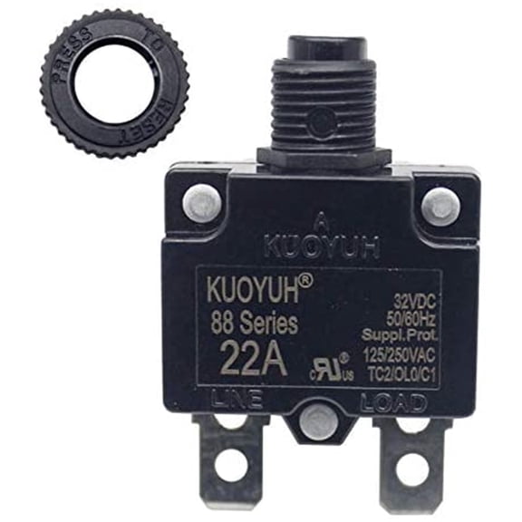 KUOYUH USA 22 Amp 88 Series Quick Connect Terminals Push-to-Reset Thermal Circuit Breaker