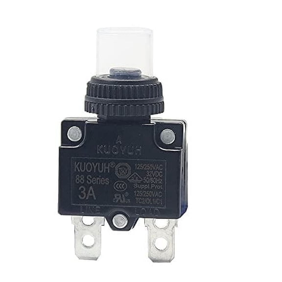 KUOYUH USA 3-12 Amps 88 Series Quick Connect Terminals Push-To-Reset Thermal Circuit Breaker with Transparent Waterproof Button Dust Cover (1-Pack) (3A)