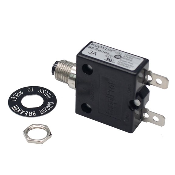 KUOYUH USA 3-50 Amps 98 Series Quick Connect Terminals Push-To-Reset Thermal Circuit Breaker with Transparent Waterproof Button Dust Cover (1-Pack) (3A)