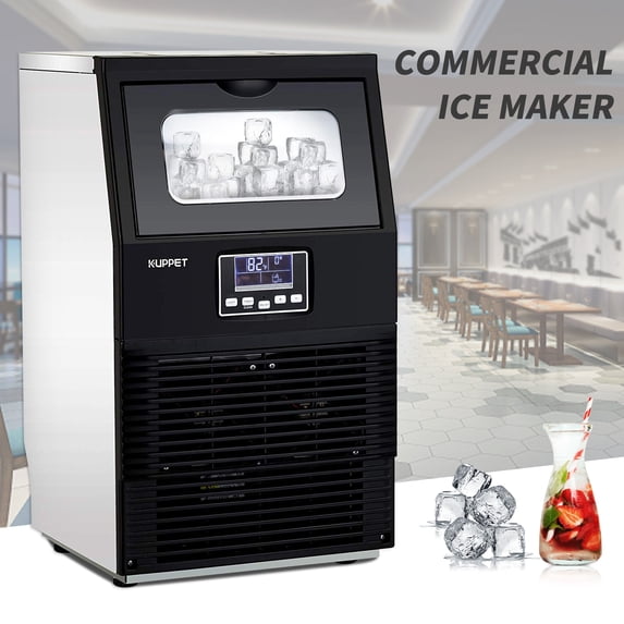 KUPPET Commercial Ice Machine, Freestanding Automatic Portable Ice Cube Machine, for Restaurants/Bars/Homes/Offices, 88 LBS/24H, Stainless Steel