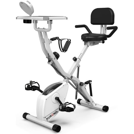 KURONO Exercise Bike for Home Workout Stationary Bike with Table | Foldable Indoor Cycling Bike for Seniors | 330 LB Capacity and Seat Backrest Adjustments
