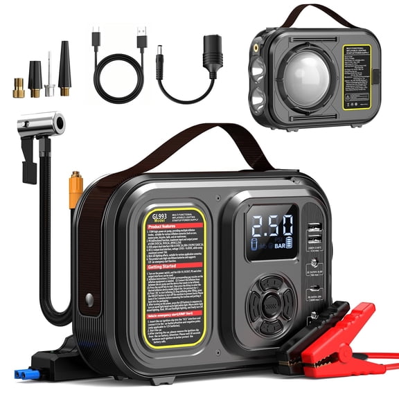 KURSOHEY 9000A Jump Starter Air Compressor, Portable Power Bank, LCD Screen & Emergency Light, 180PSI Car Battery Booster (All Gas/12.0L Diesel)