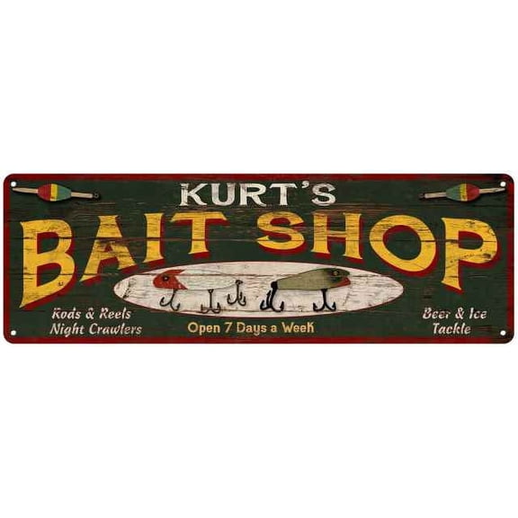 KURT'S Bait Shop Sign Wood Look Man Cave Den Gift 6x18 Metal 106180024252