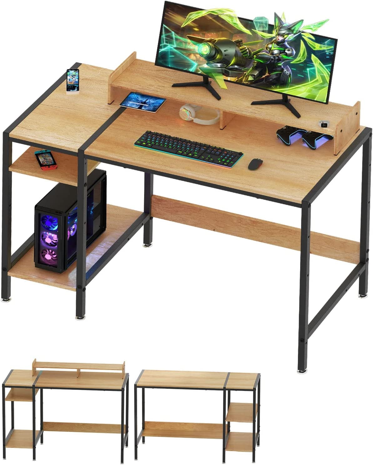 KUSONG Computer Desk 47” Gaming Desk, Home Office Desk with Storage