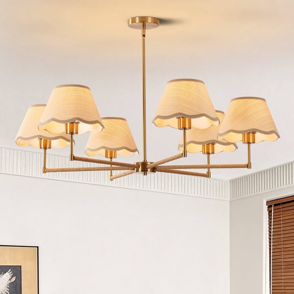 KUSSCO 6-Light Boho Rattan Chandelier 39″ Rattan Pendant Light with Hand-Woven Shade Adjustable Height Vintage Dining Room Chandelier for Kitchen Island Living Room Bedroom Foyer E26 Base