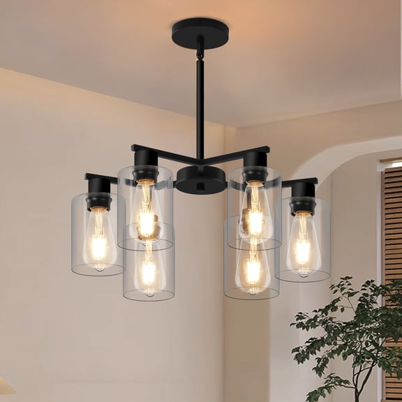 KUSSCO 6-Light Modern Farmhouse Chandelier, Black Hanging Pendant Light with Clear Glass Shades, Adjustable Height Lighting for Dining Room Kitchen Island Living Room Entryway Bedroom