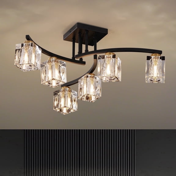 KUSSCO 6-Light Modern Sputnik Ceiling Light Fixture Farmhouse Crystal Semi Flush Mount Ceiling Light Black Chandeliers for Dining Room Living Room Kitchen Island Bedroom Entryway