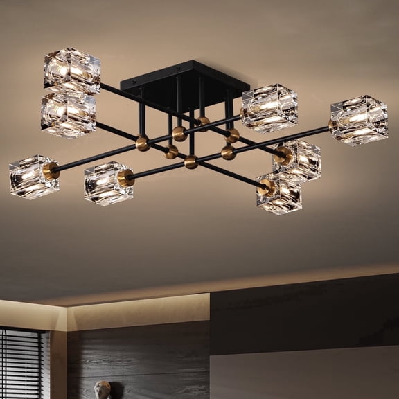 KUSSCO 8-Light Crystal Ceiling Light Fixture Semi Flush Mount Ceiling Light Fixture Modern Black and Gold Sputnik Chandeliers for Dining Room Living Room Kitchen Island Hallway Bedroom