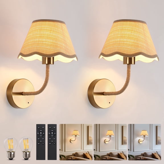 KUSSCO Battery Operated Gold Rattan Wall Sconces Set of Tow Rechargeable Wireless Battery Powered Large Boho Wall Lights with Grass-Woven Lampshade for Bedroom Living Room Entryway Hallway
