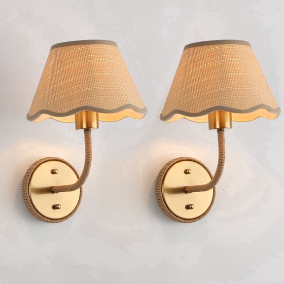 KUSSCO Boho Wall Sconces Set of Two Rattan Wall Lamp Rustic Brass Wall Mount Light Hardwire Wall Sconces Lighting for Bedroom Living Room Hallway Vanity Stairway, E26 Base, 2 Pack