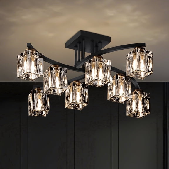 KUSSCO Crystal Semi Flush Mount Ceiling Light, 8-Light Black Sputnik Fixture, Modern Chandelier with Hand-Fired K9 Crystal for Dining Room Living Room Kitchen Island Bedroom Hallway