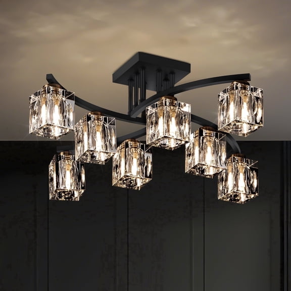 KUSSCO Crystal Semi Flush Mount Ceiling Light, 8-Light Black Sputnik Fixture, Modern Chandelier with Hand-Fired K9 Crystal for Dining Room Living Room Kitchen Island Bedroom Hallway