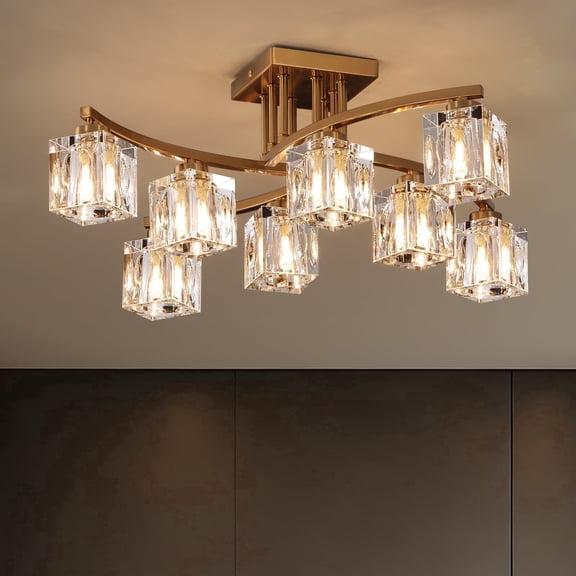 KUSSCO Crystal Semi Flush Mount Ceiling Light, 8-Light Gold Sputnik Fixture, Modern Chandelier with Hand-Fired K9 Crystal for Dining Room Living Room Kitchen Island Bedroom Hallway