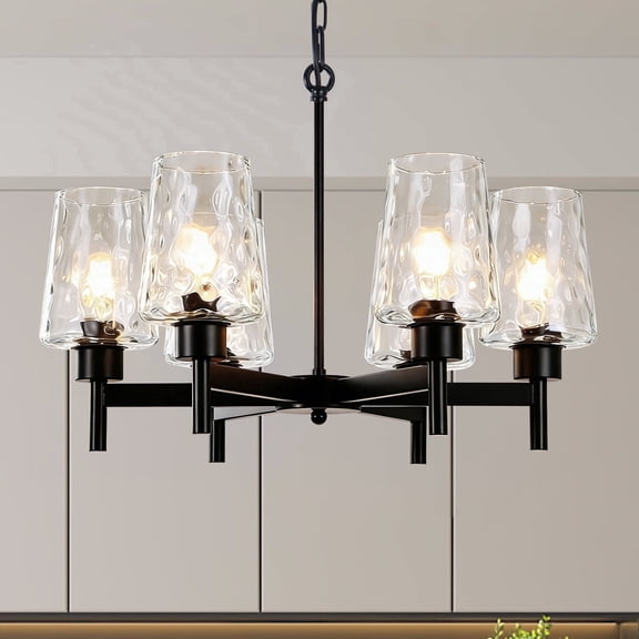 6-Light Chandelier, Modern Black Hanging Light Fixture with Clear Glass Shades, Adjustable Height for Dining Room, Living Room, Bedroom, Kitchen