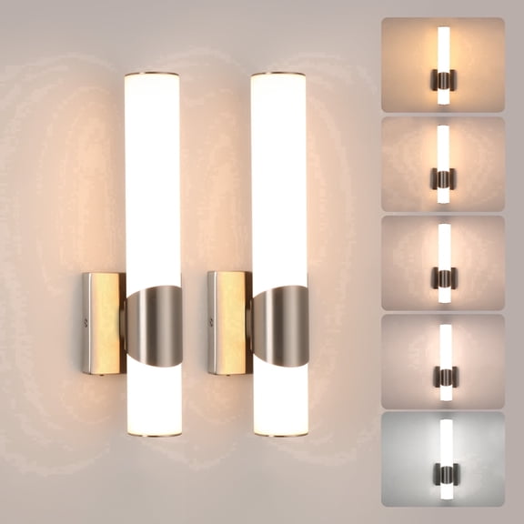 KUSSCO Wall Sconces Set of Two Brushed Nickel 5CCT Dimmable Bathroom Sconce with Acrylic Shade LED Hardwired Wall Light Fixtures for Bathroom Living Room Bedroom Hallway, 2 Packs