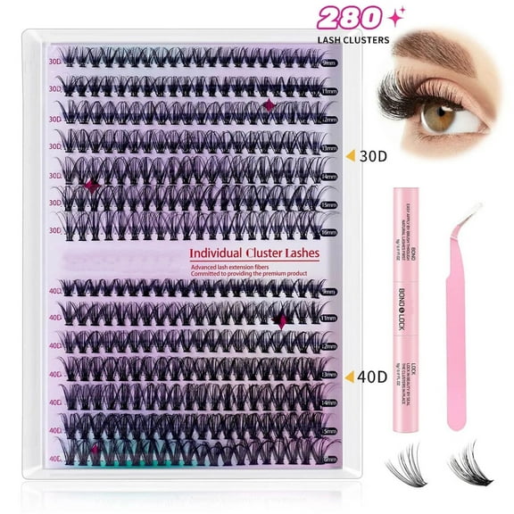 KUTGY DIY Lash Extension Kit 280pcs Individual Lashes Cluster Eyelash Extension Kit 30D+40D 9-16mm Mix Lash Clusters with Lash Bond and Seal and Lash Applicator Tool