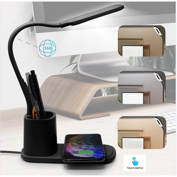 KUTGY U-Light LED Desk Lamp with Wireless Charger Dimmable Eye-Caring Desktop Lamp with Organizer & 3 Brightness Levels Black