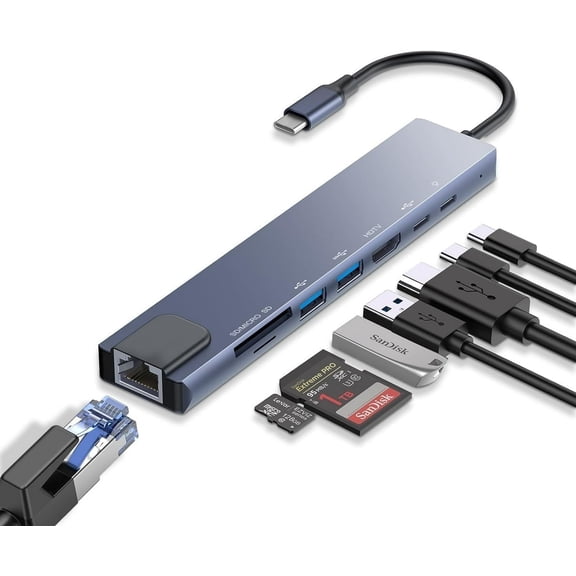KUTGY USB C Hub Ethernet, 4K USB C To KUTGY Hub, 8 IN1 Type C Adapter, Dock Dongle Compatible