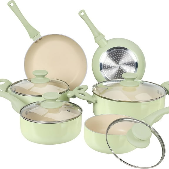 KUTIME | 10pcs Aluminum Ceramic Cookware Set, Nonstick Pots And Pans Set For Kitchen With Frying Pan, Sauce Pan, Stockpan, Pots And Pans For Cooking, Oven And Dishwasher Safe, Mint Green