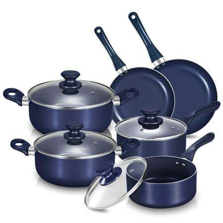 FANRUINA Drill Blue KUTIME 10pcs Non Stick Pots And Pans Set Aluminum Ceramic Cookware Set with Lids Induction Non toxic Pan Set Compatible