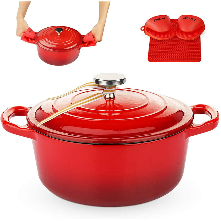 KUTIME Cast Iron Dutch Oven 3 Quart Enameled Dutch Oven, Stock Pot with  Lid, Red 